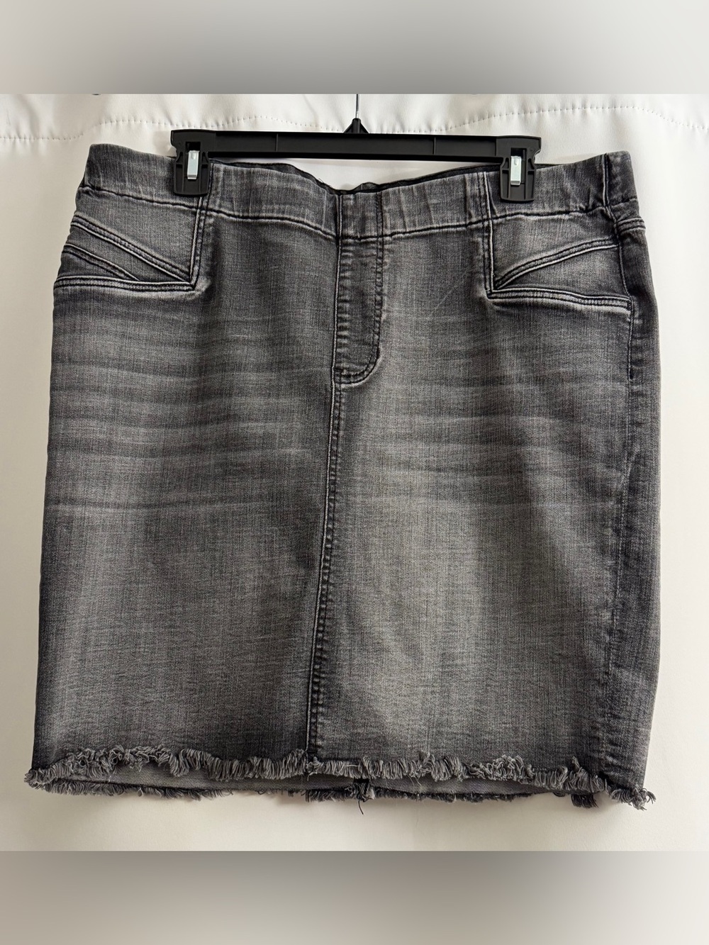Liverpool Gray Washed Denim Skirt with Frayed Hem